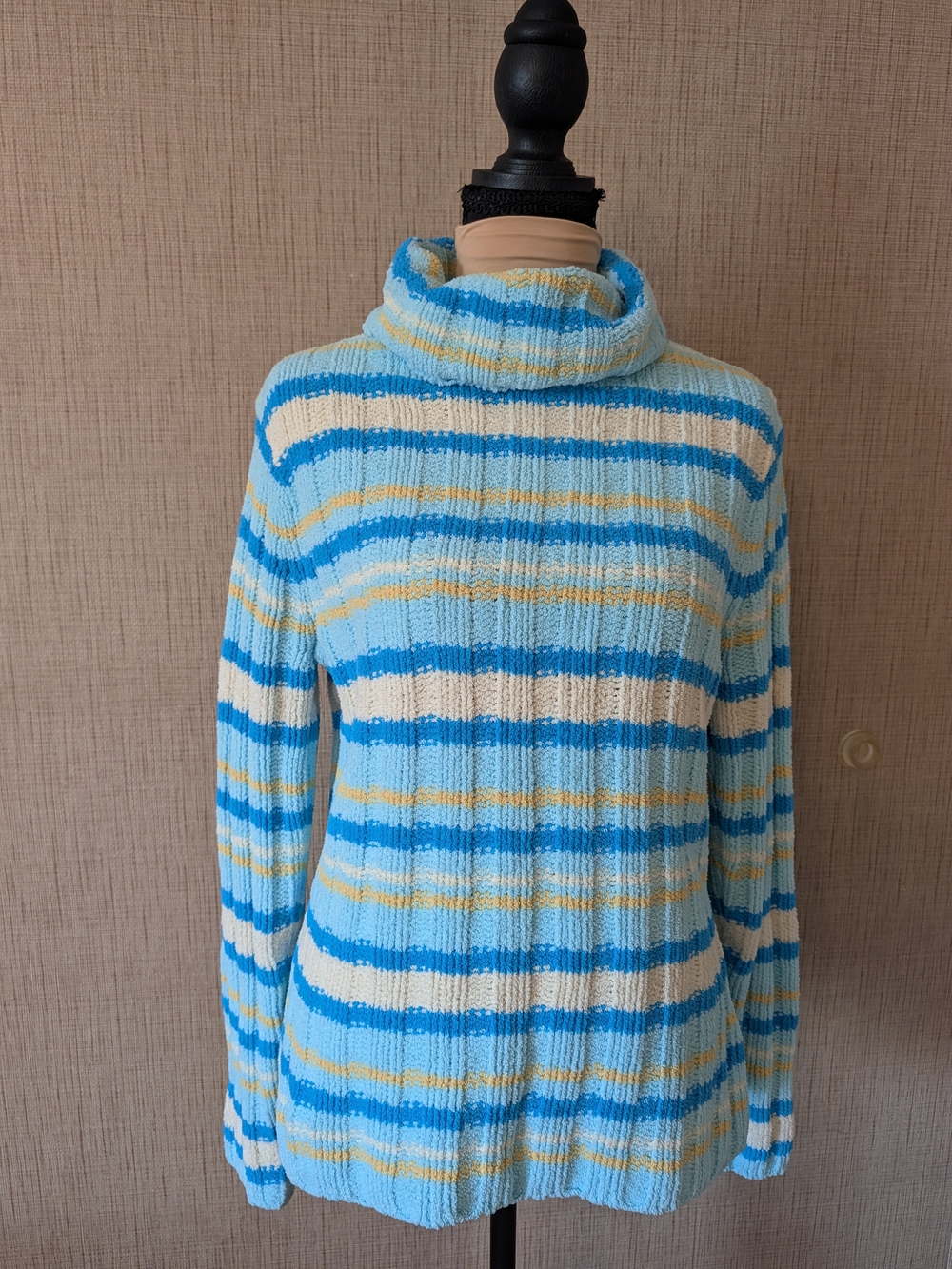 Striped Cowl Neck Cozy Sweater in Light Blue, White & Yellow